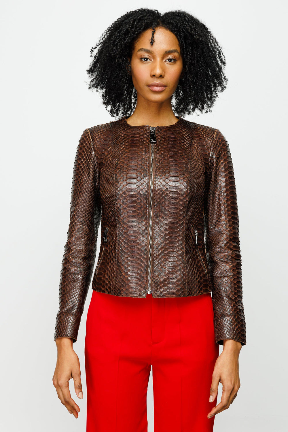 The Mekke Pythn Skin Brown Leather Jacket