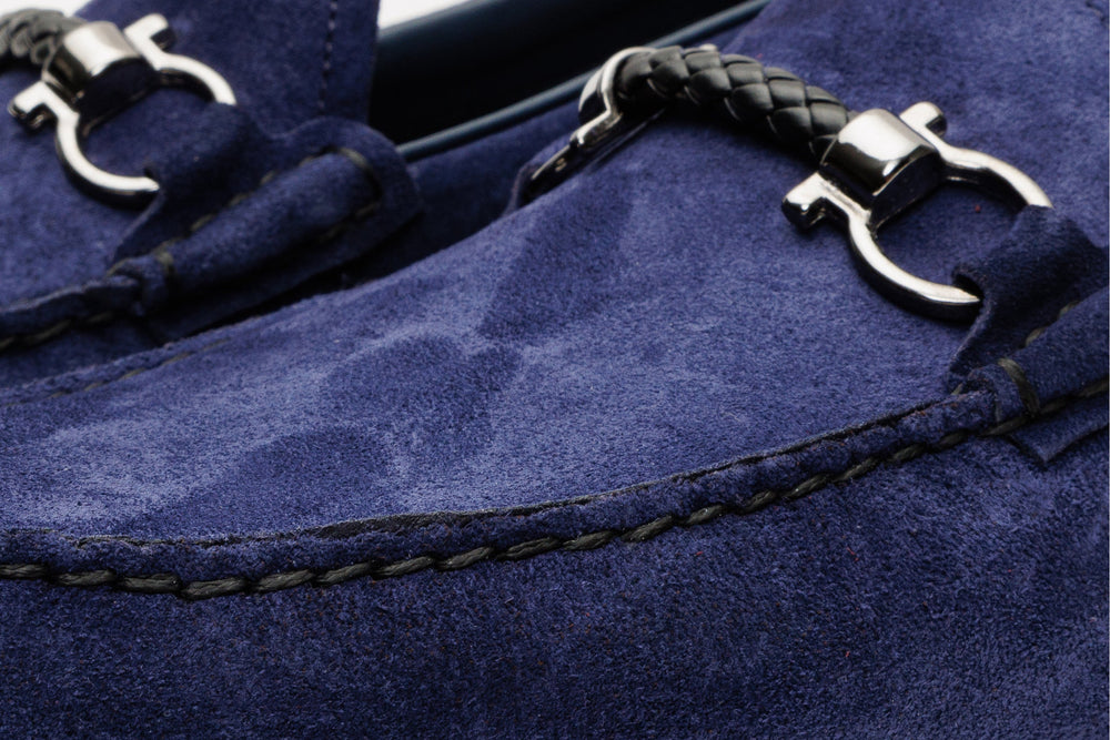 The Bari Navy Blue Suede Leather Bit Drive Loafer Shoe